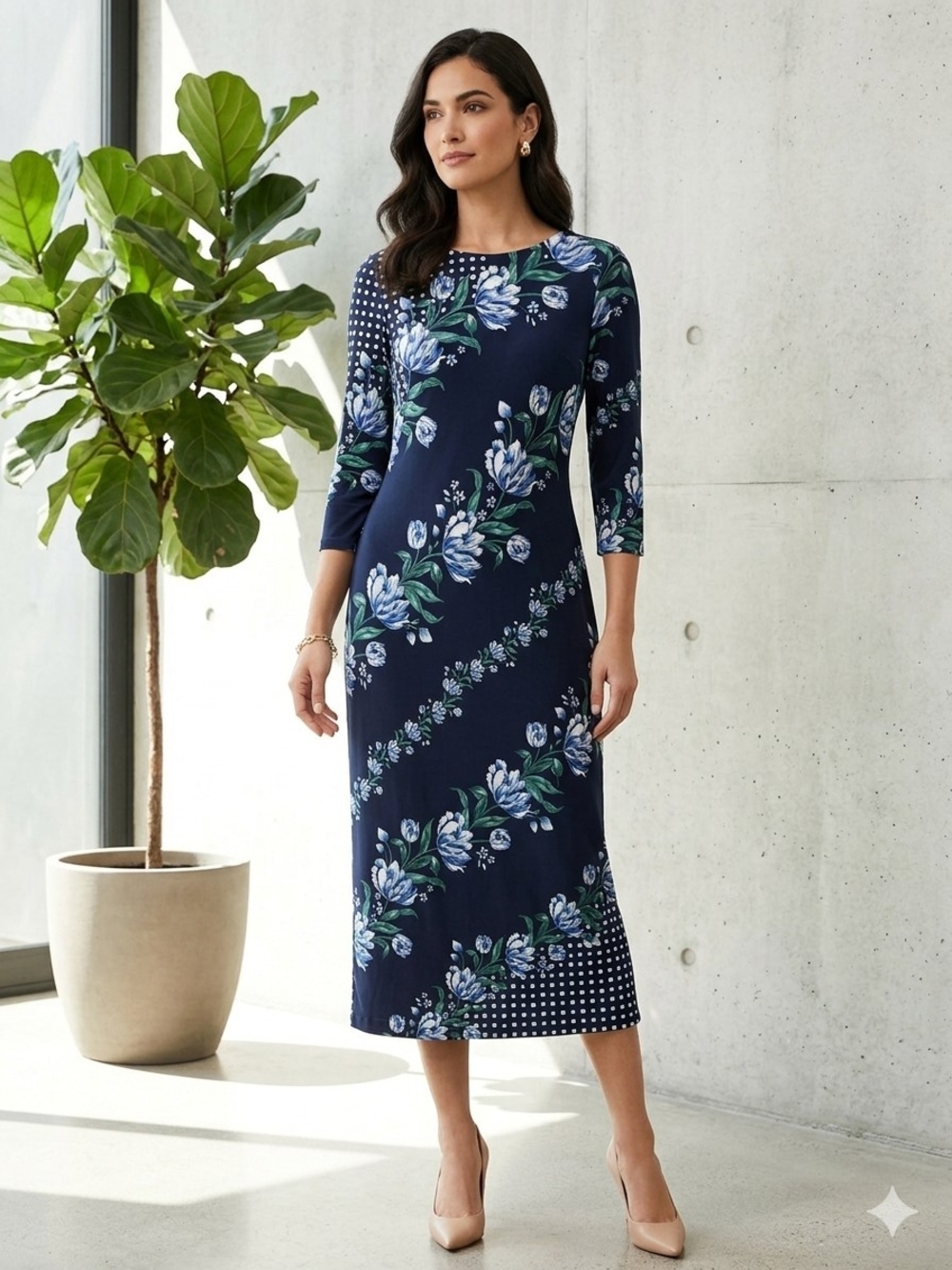 Maggy London Navy Floral Midi Dress with Blue and White Blooms
